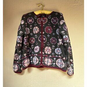 Nordic Design Hand Knit Womens Sweater Full Zip Grandma Small Black Wool Blend